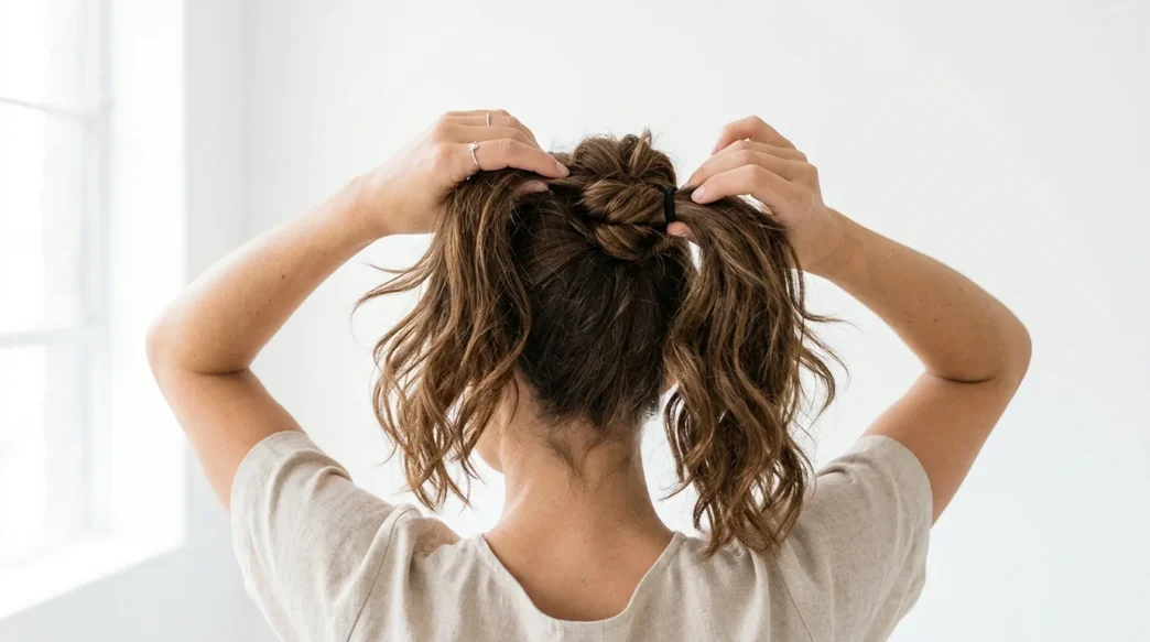 Woman demonstrating messy bun creation process with hands visible styling brown hair against white background