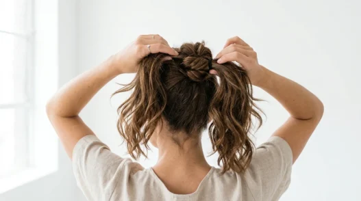 Woman demonstrating messy bun creation process with hands visible styling brown hair against white background