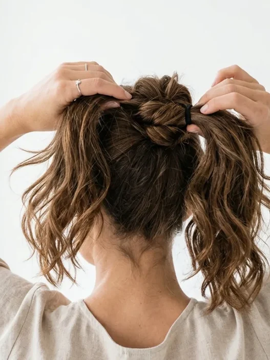 Woman demonstrating messy bun creation process with hands visible styling brown hair against white background