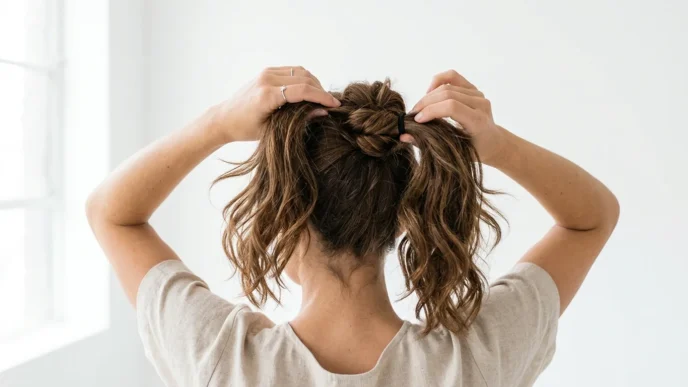 Woman demonstrating messy bun creation process with hands visible styling brown hair against white background
