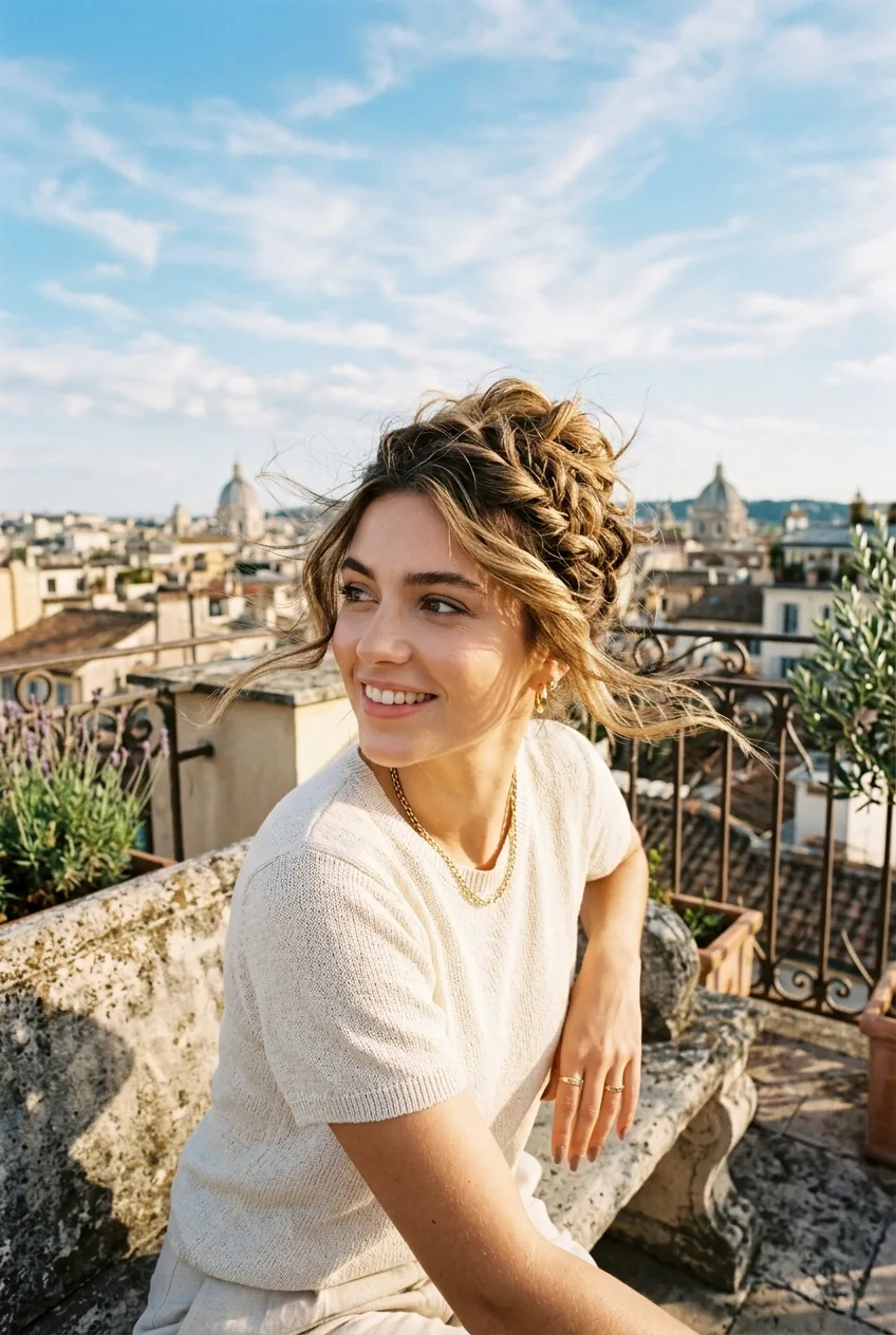 Woman with messy chic updo featuring artistic twisted details on rooftop