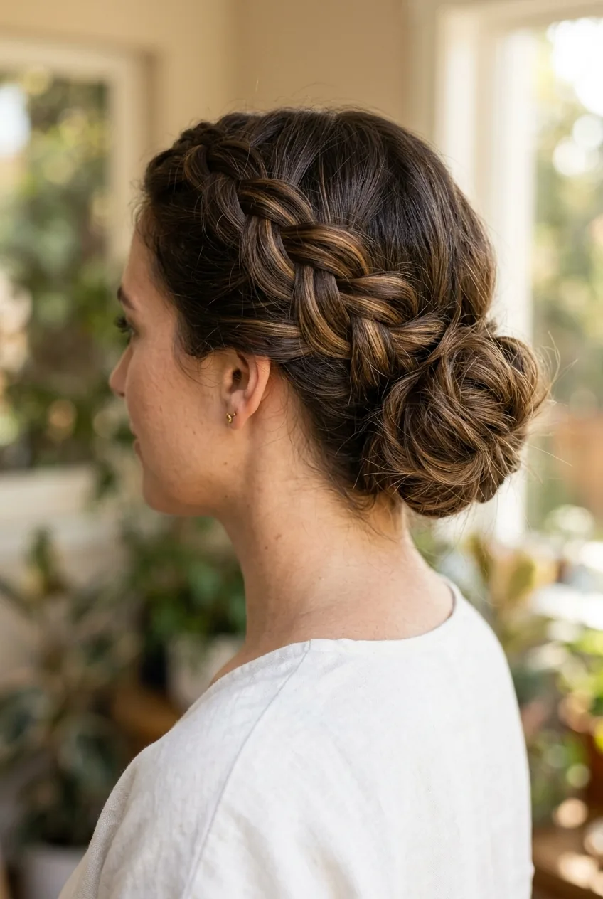 Brunette woman with messy crown braid and loose textured low bun from three-quarter angle