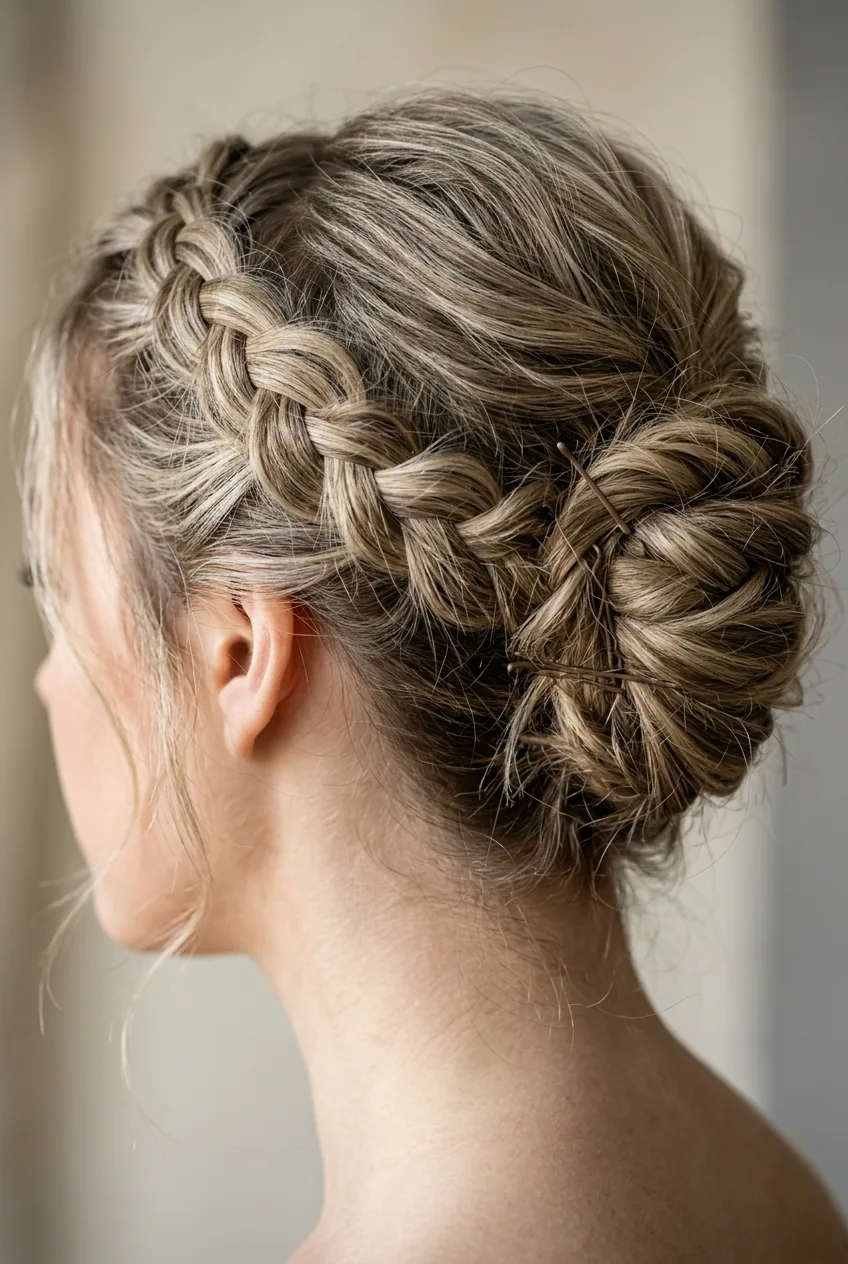 Messy French twist hybrid combining braided top section with twisted chignon base