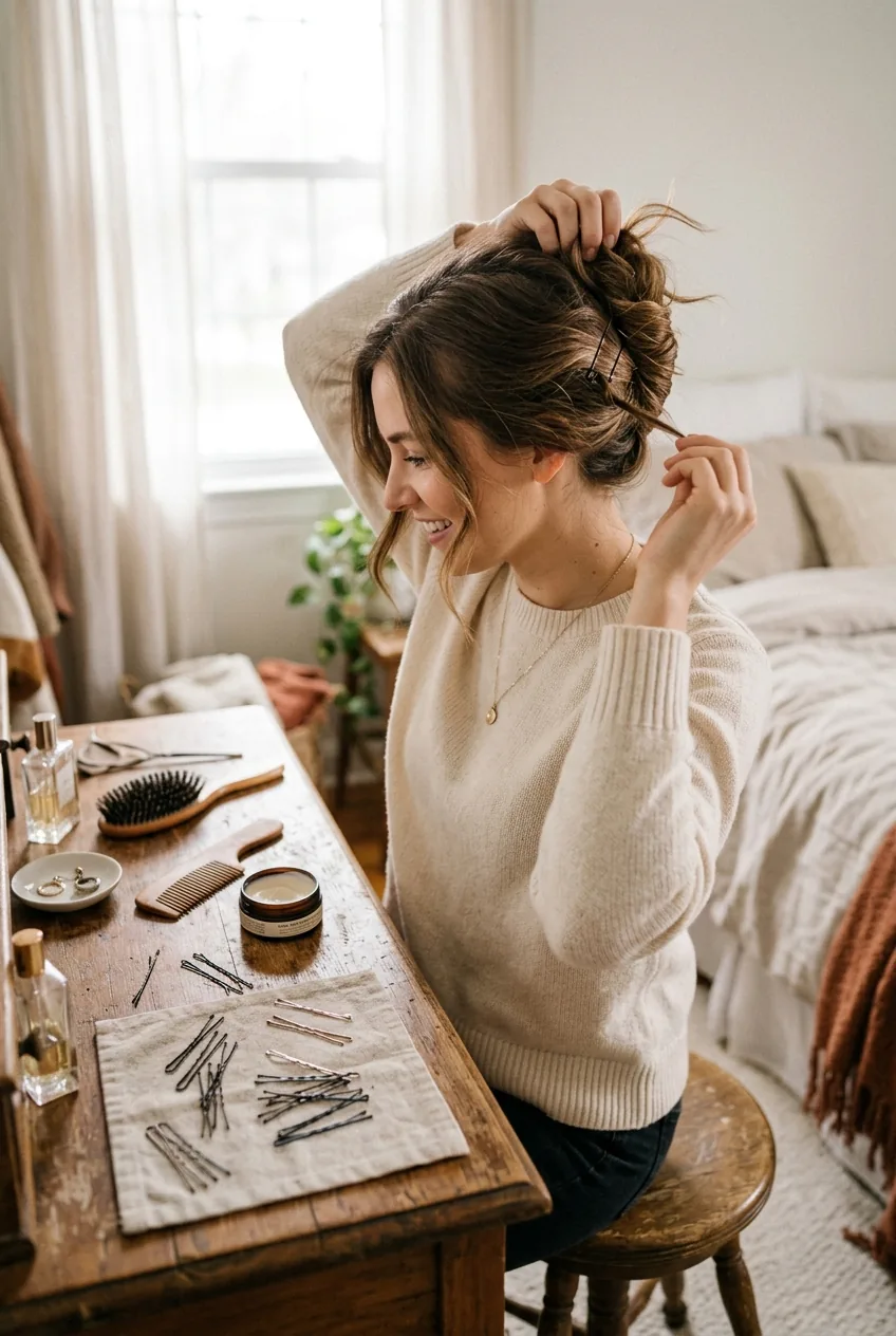 Woman styling messy French twist updo at bedroom vanity with bobby pins on table