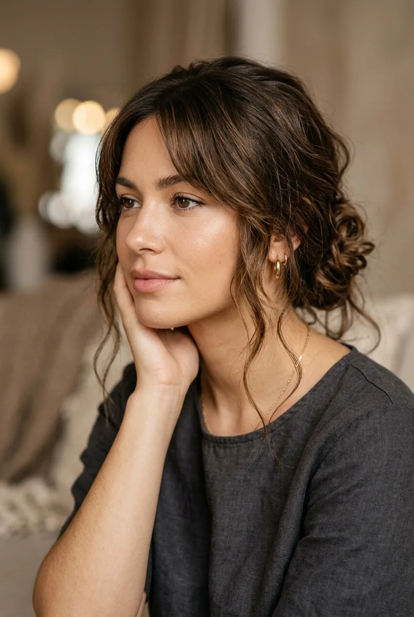 Woman with messy low bun updo featuring deliberately pulled face-framing pieces