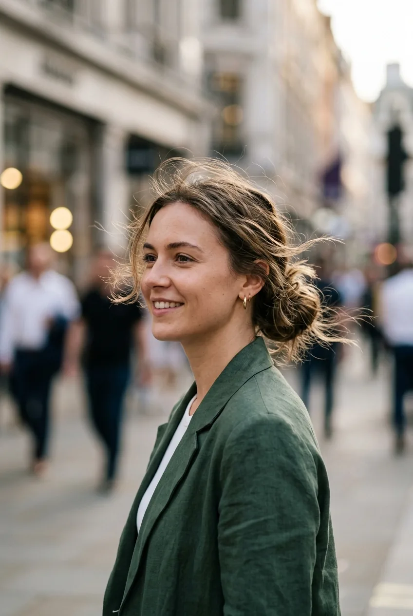 Woman with intentionally messy low bun showing effortless undone elegance