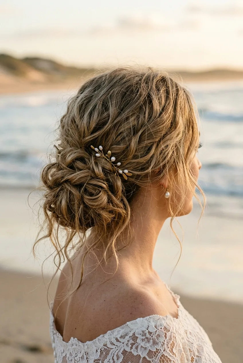 Close-up view of textured messy low bun with loose face-framing pieces for beach wedding