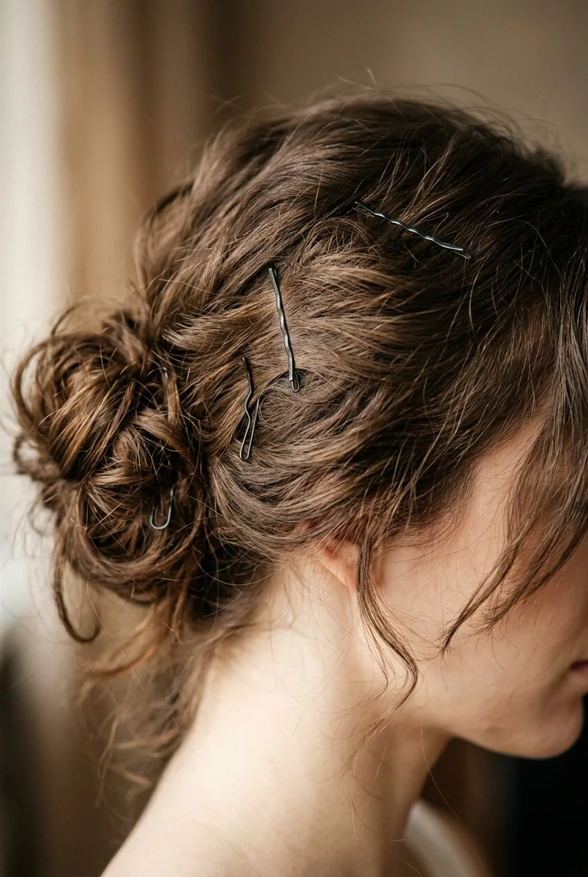 Medium hair styled in messy textured bun with visible bobby pins and face-framing pieces