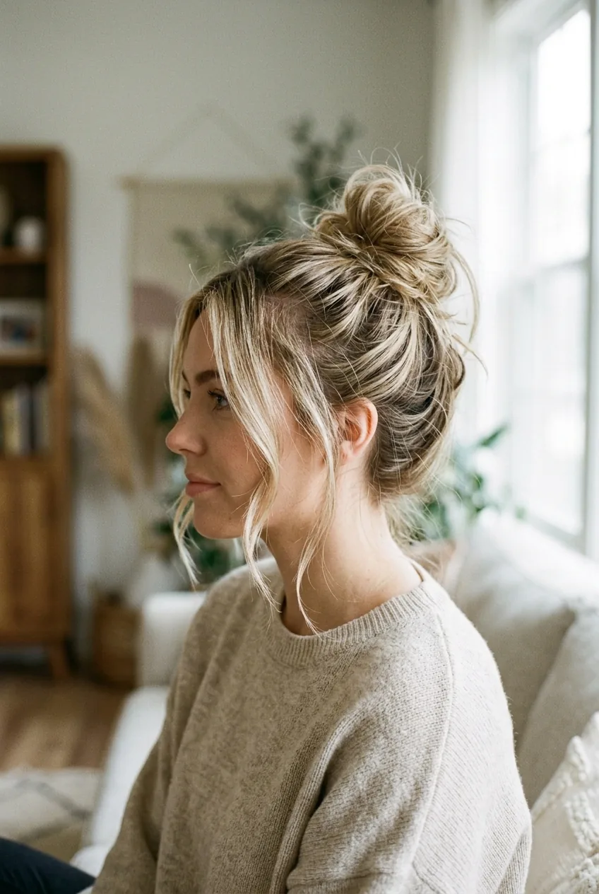 Messy textured high bun with loose pieces and face-framing wisps in side view