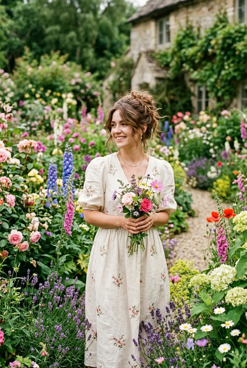 Woman with messy textured updo demonstrating effortless styling in blooming garden setting