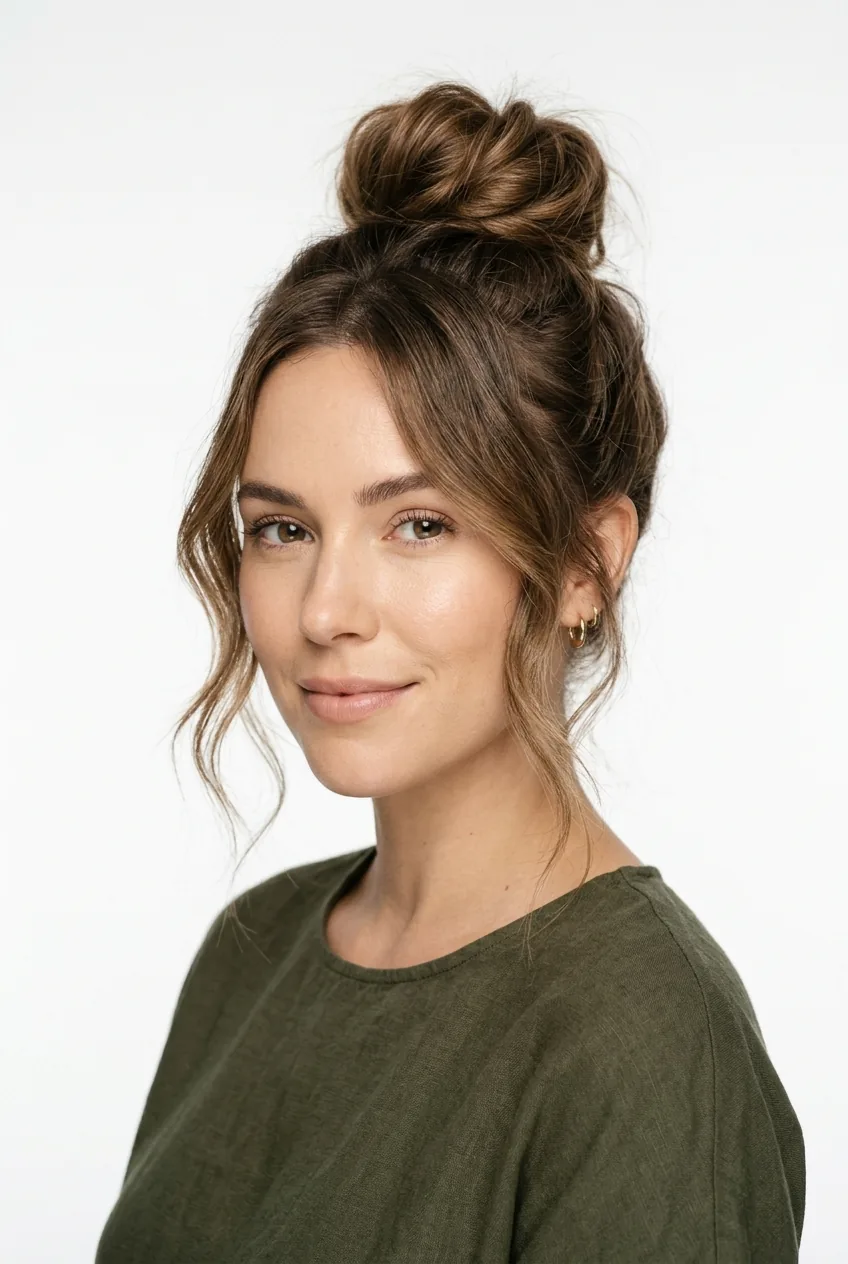 Woman with messy top knot updo showing wispy face-framing pieces and textured finish