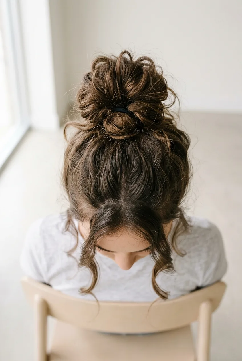 Messy top knot from overhead showing deliberately tousled texture and loose face pieces
