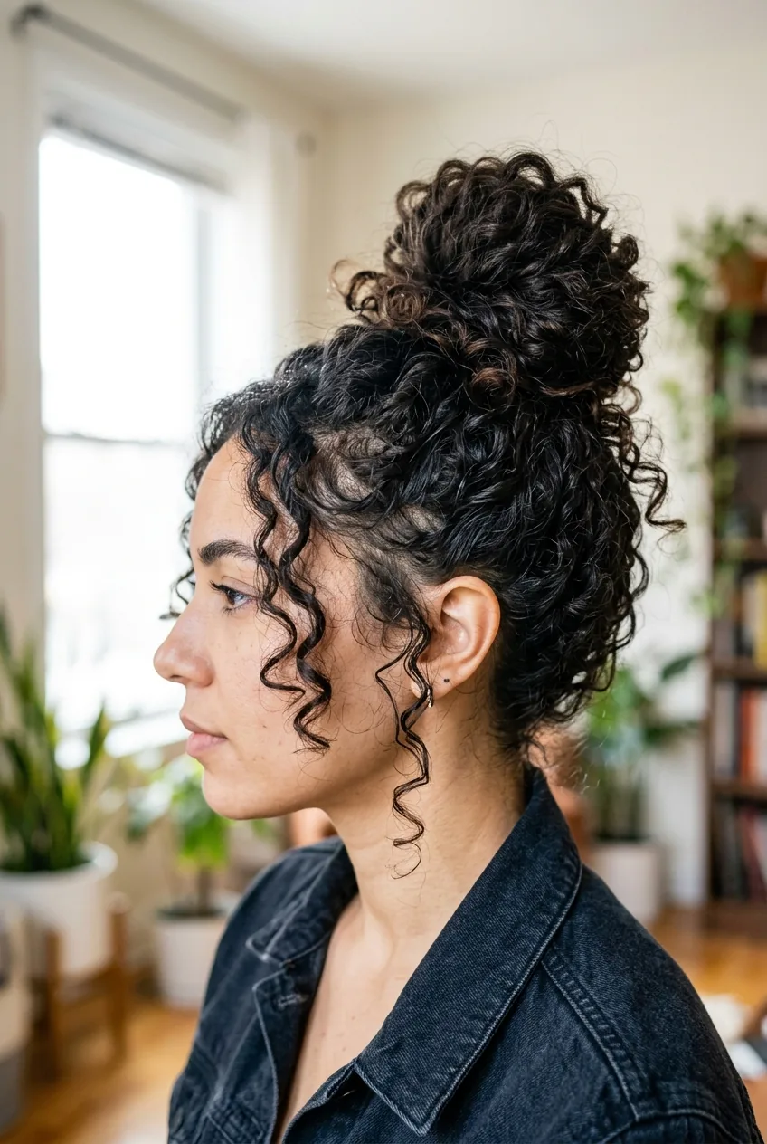 Profile view of messy top knot with voluminous textured bun and loose face-framing pieces