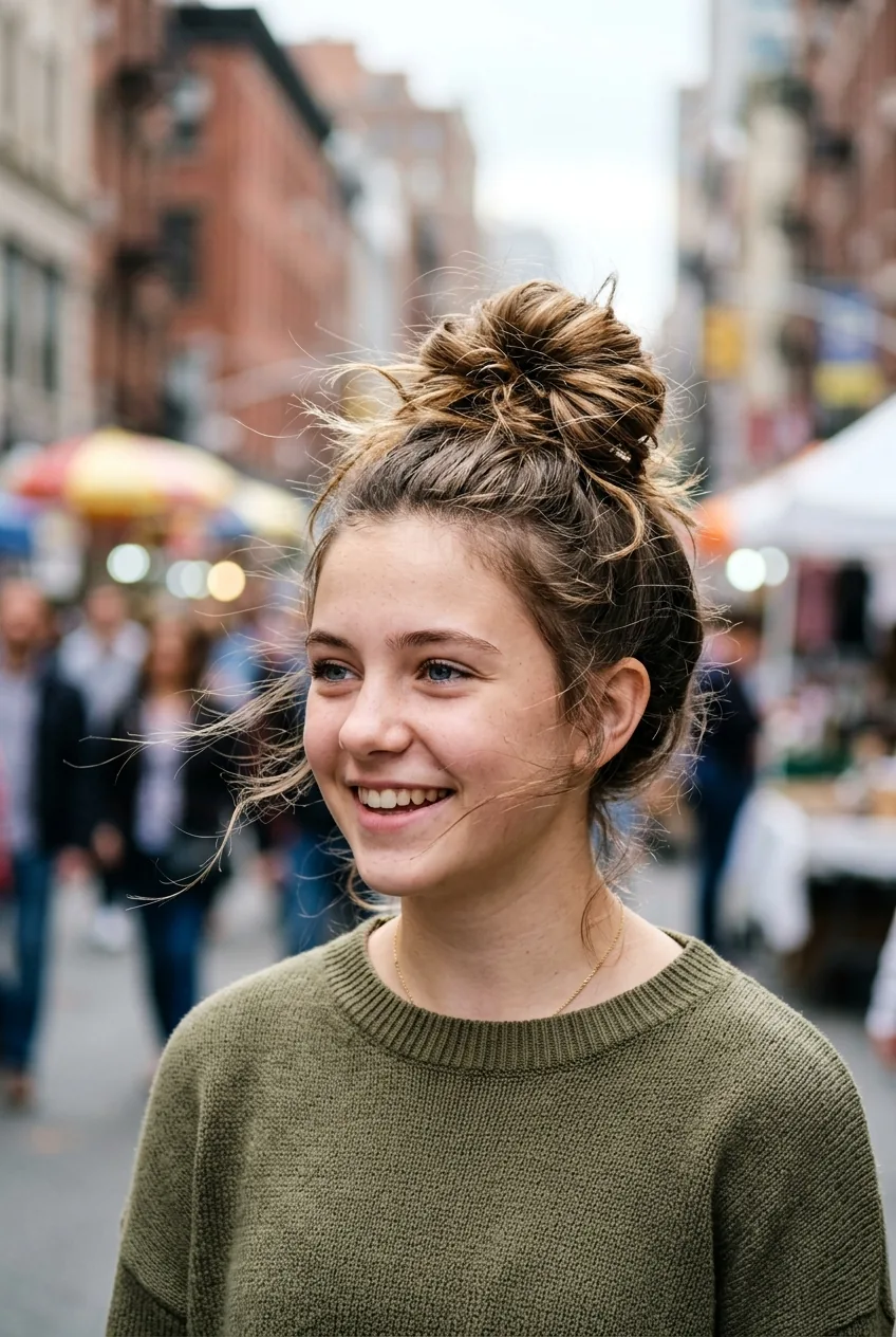 Teenage girl with artfully messy top knot featuring controlled texture and strategic loose pieces