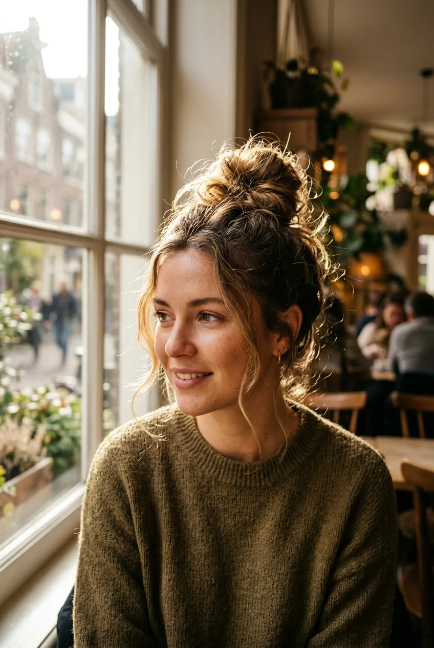Woman with textured messy top knot bun showing loose pieces and texture
