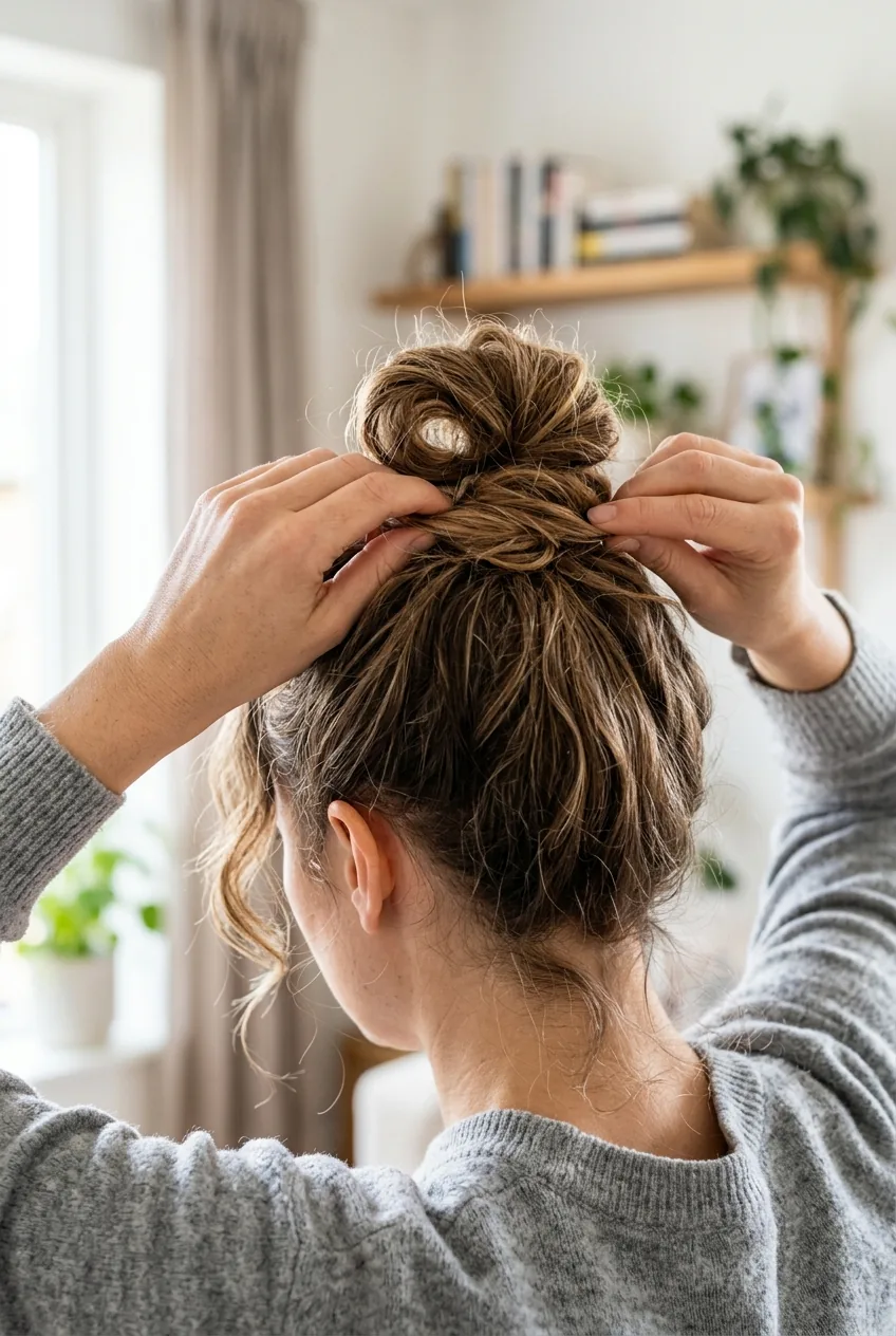 Hands creating messy topknot with textured loop at crown of head using effortless technique