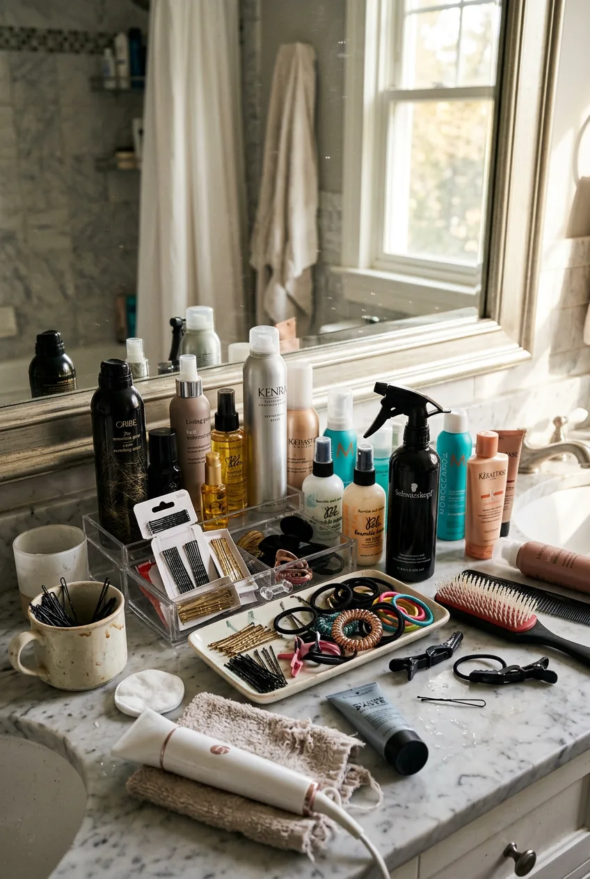 Cluttered bathroom vanity with hair styling products, bobby pins and spray bottle scattered around