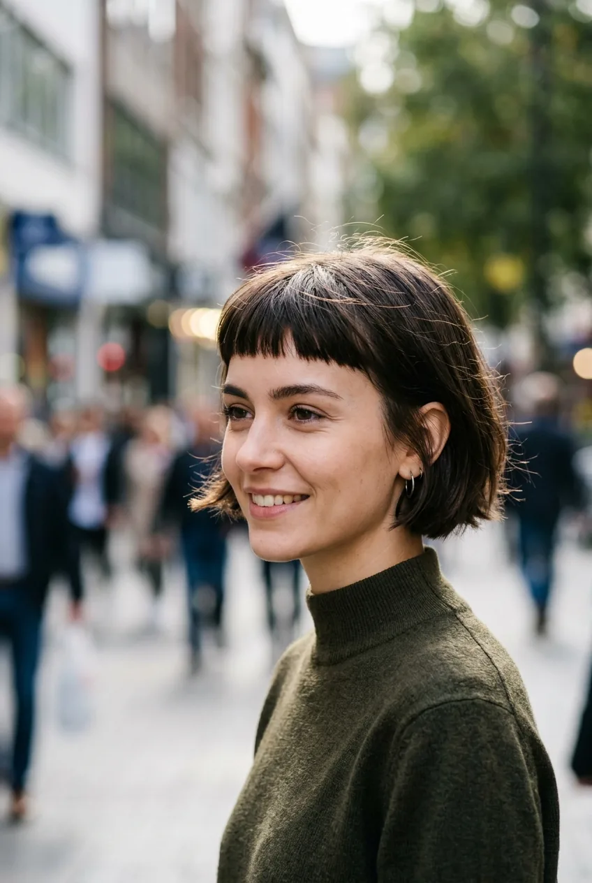 Woman with precise micro bangs showing clean geometric fringe lines