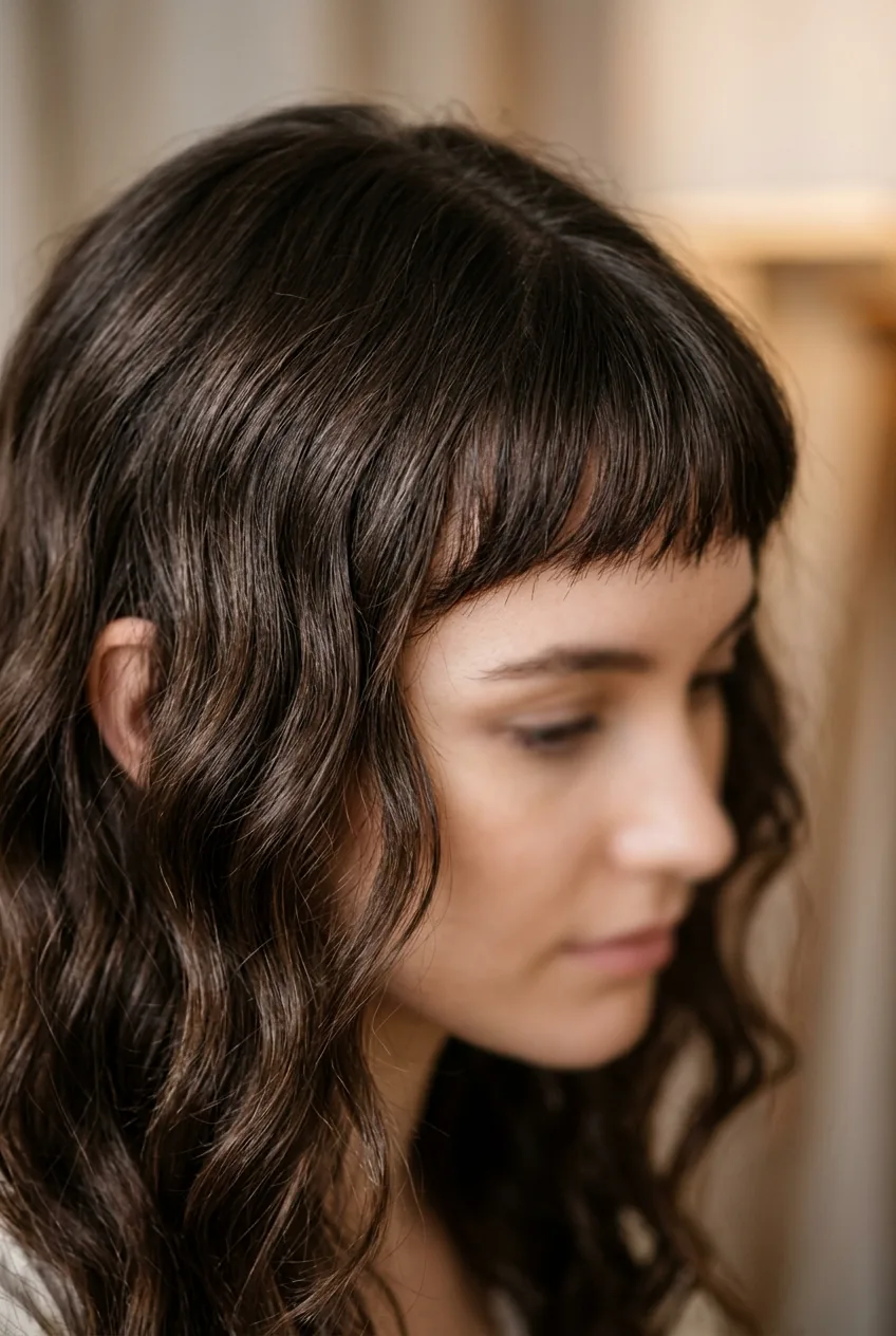 Close-up of wavy hair with textured micro-bangs framing the face naturally