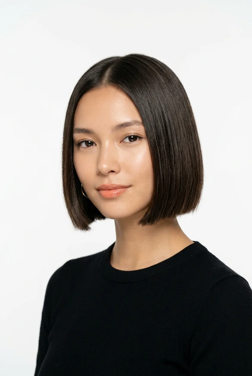 Woman with micro bob cut precisely at jawline level with sharp edges