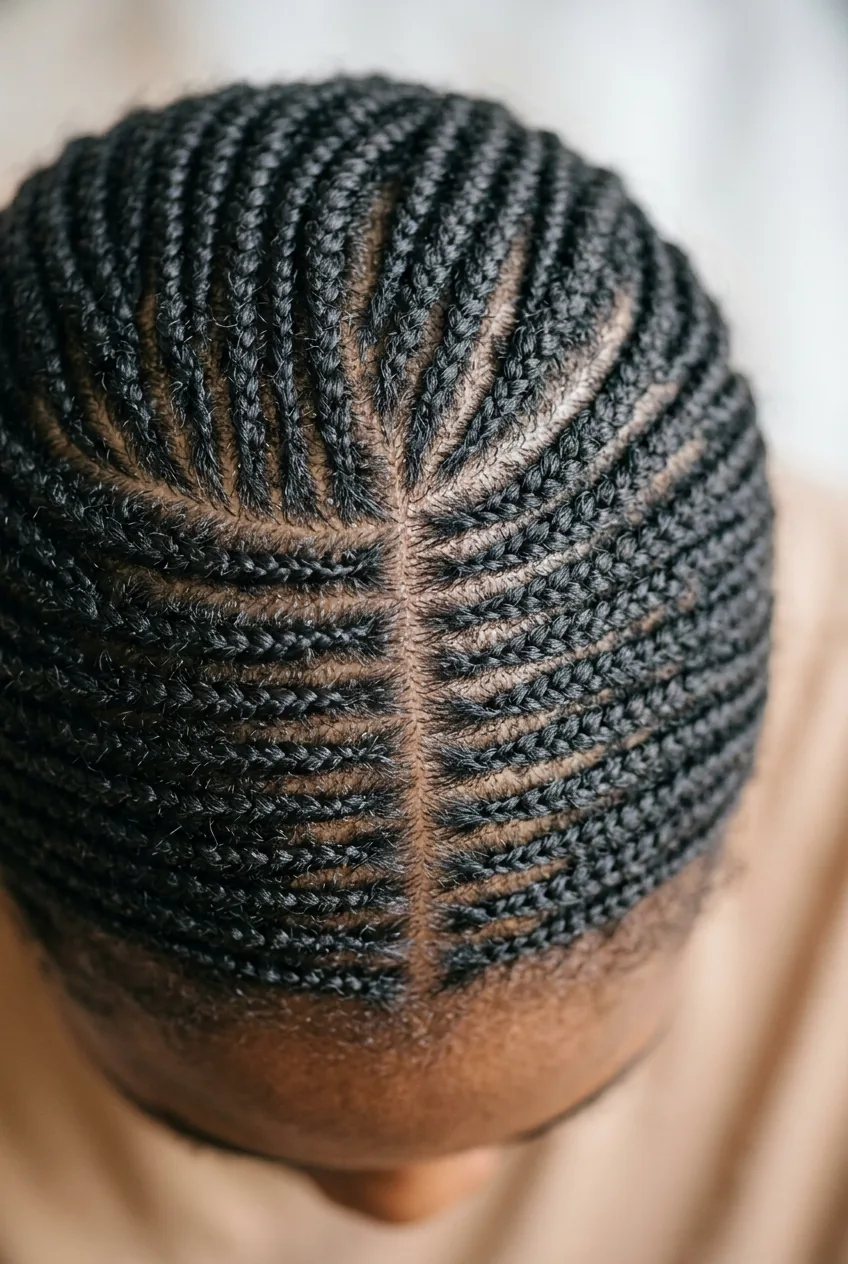 Micro cornrows covering short natural hair creating detailed textured pattern