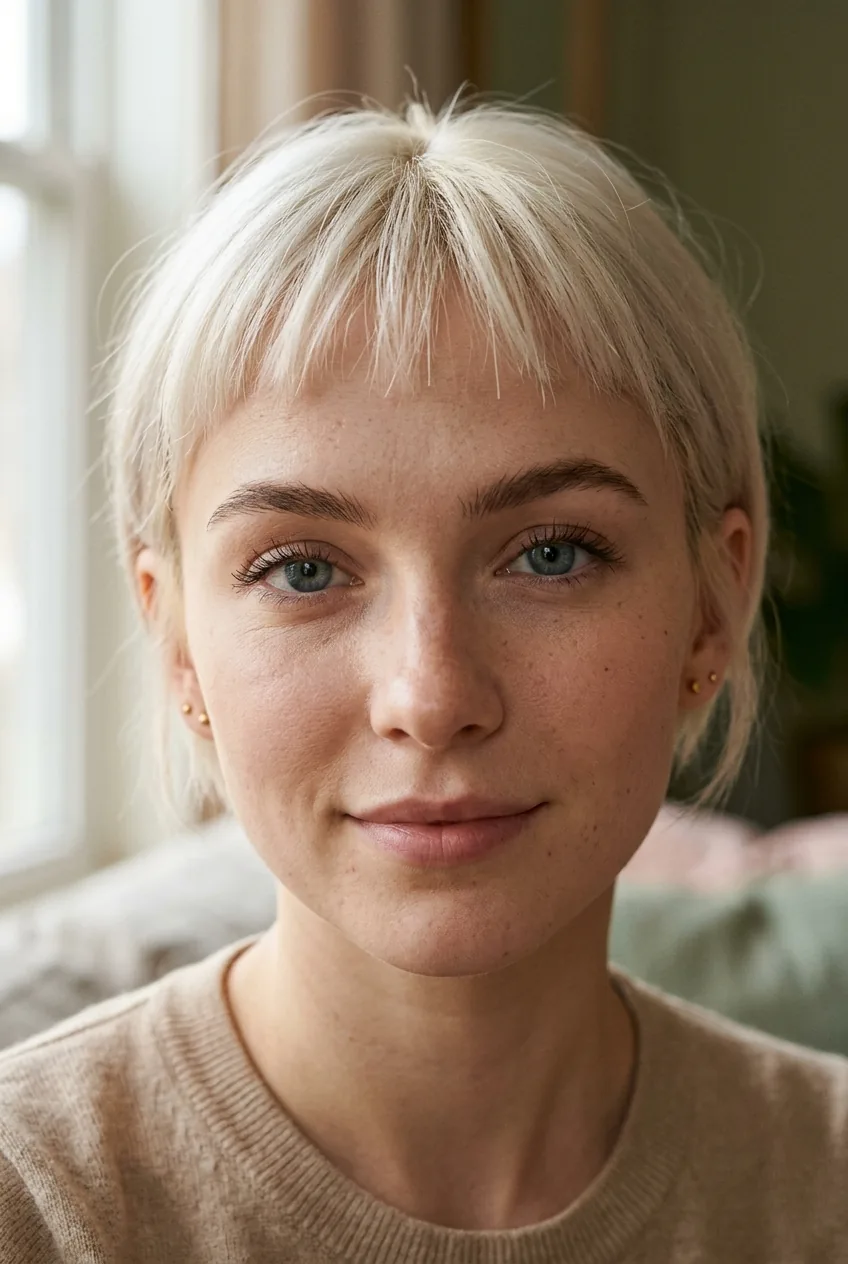 Micro wispy baby bangs sitting above eyebrows with soft textured ends
