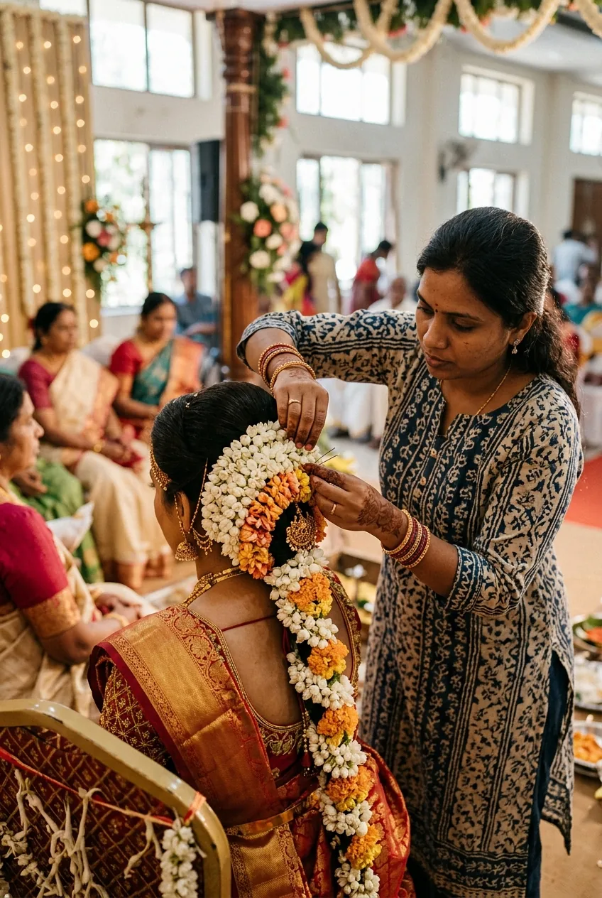 South Indian bride receiving mid-ceremony hair touch-up with stylist refreshing flower placement