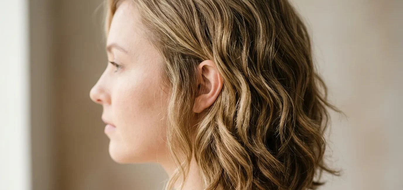 Woman with mid-length layered hair showing natural waves and face-framing cut
