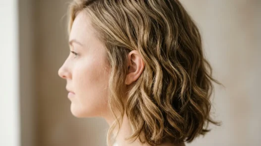 Woman with mid-length layered hair showing natural waves and face-framing cut