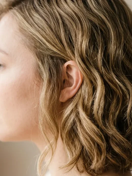 Woman with mid-length layered hair showing natural waves and face-framing cut