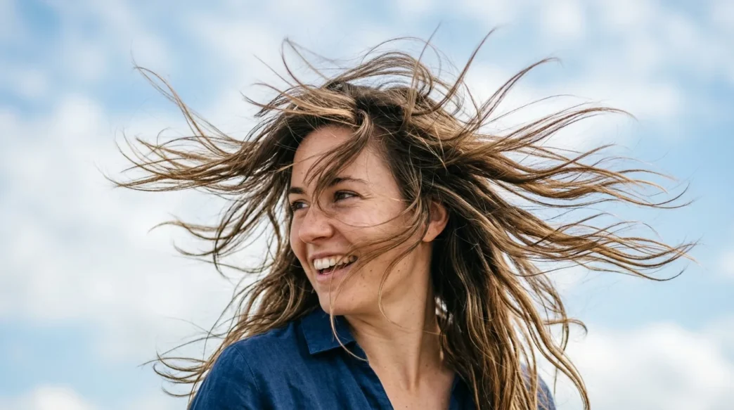 Woman with mid-length wavy hair caught in motion by gentle breeze showing natural texture and movement