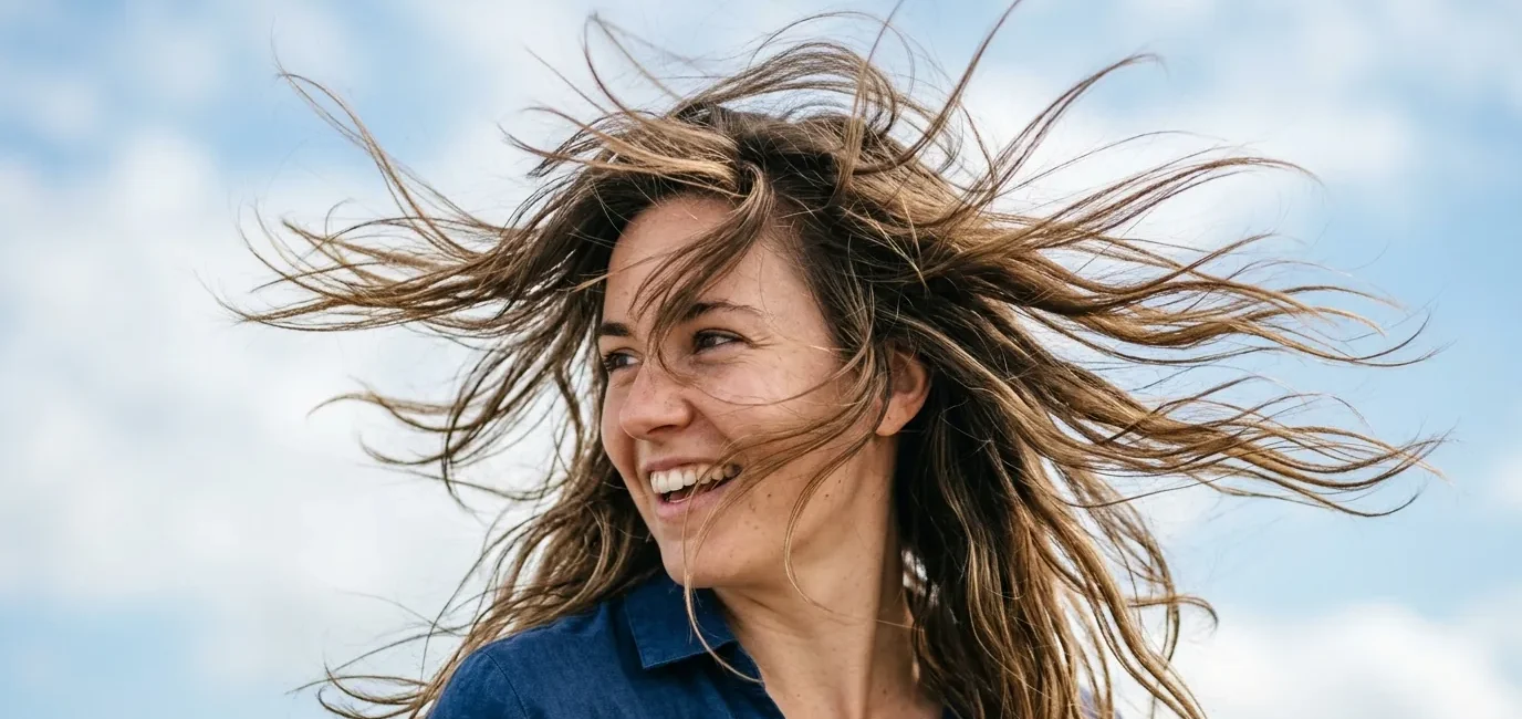 Woman with mid-length wavy hair caught in motion by gentle breeze showing natural texture and movement