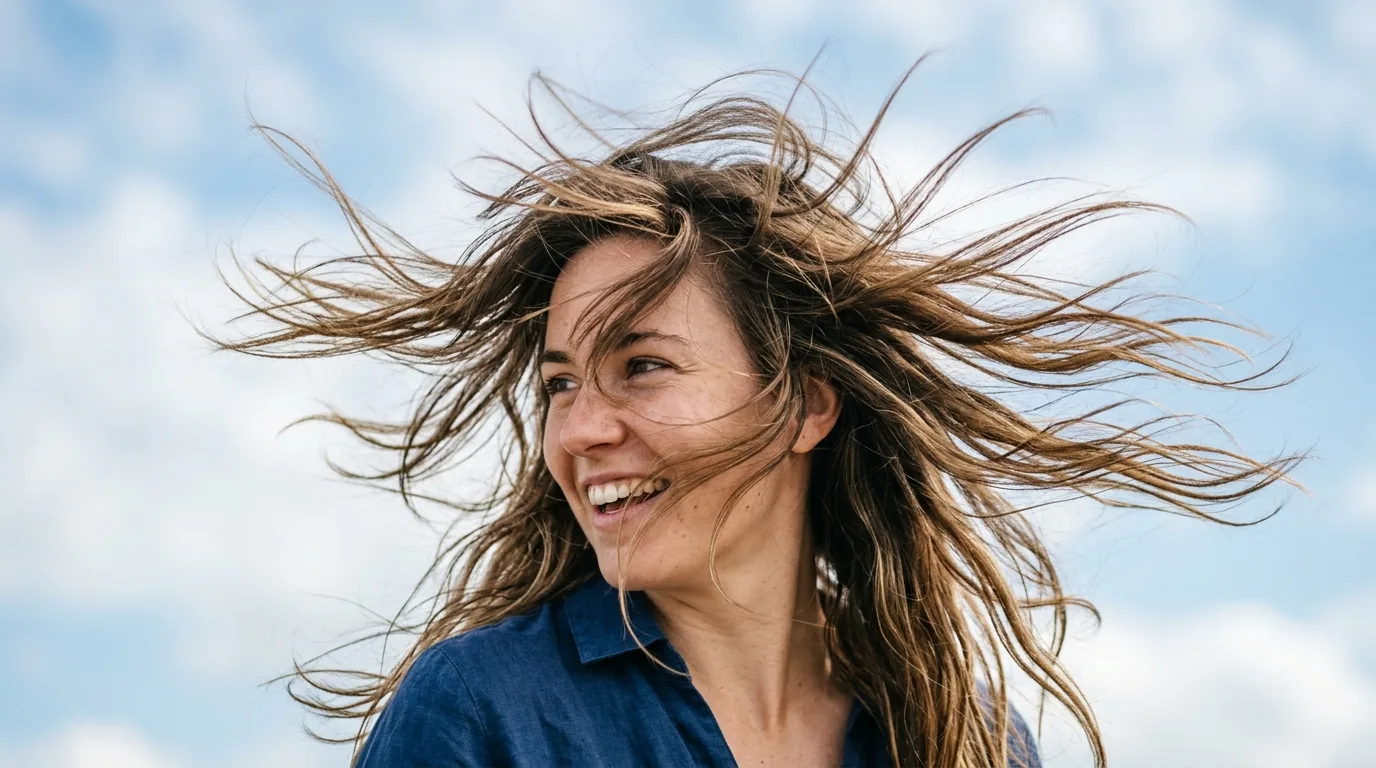 Woman with mid-length wavy hair caught in motion by gentle breeze showing natural texture and movement