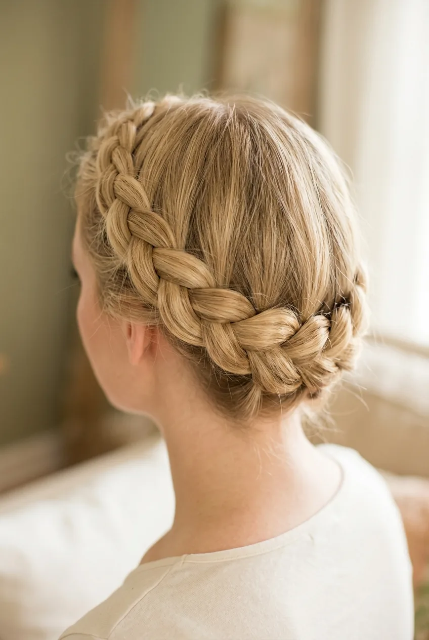 Blonde milkmaid crown braid wrapped around head like halo in soft romantic lighting