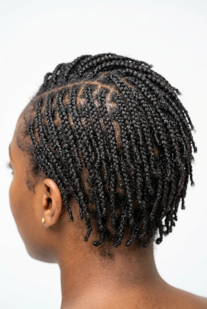 Multiple small braids throughout short 4C natural hair creating textured look