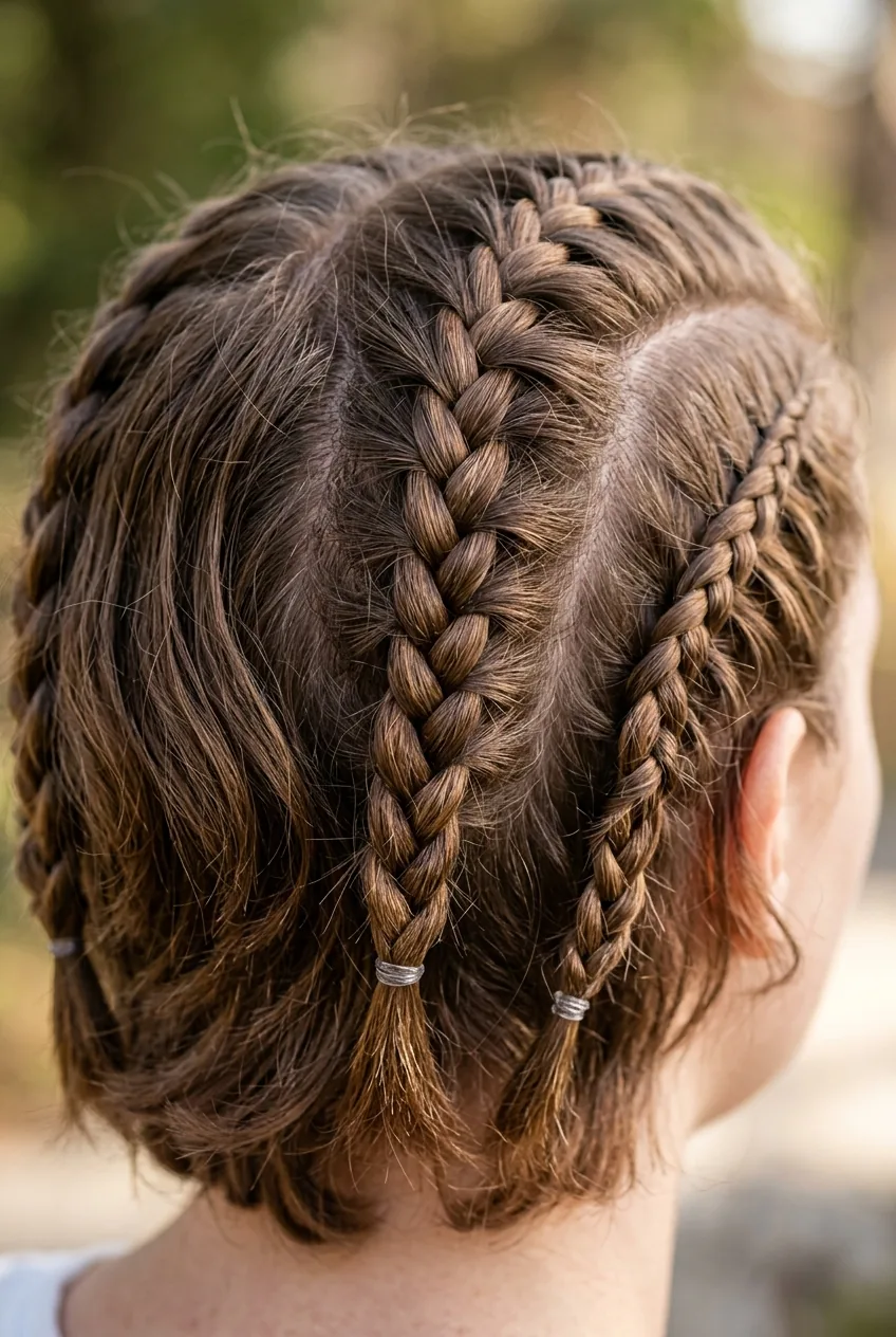 Close-up of multiple mini Dutch braids scattered through short textured hair showing weave patterns