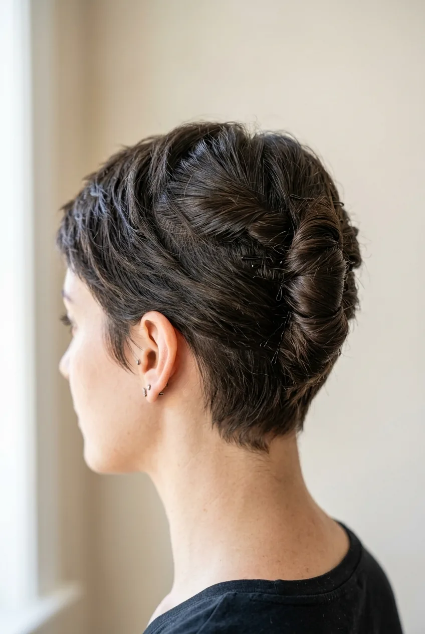 Mini French twist on short pixie cut showing twisted and pinned short sections