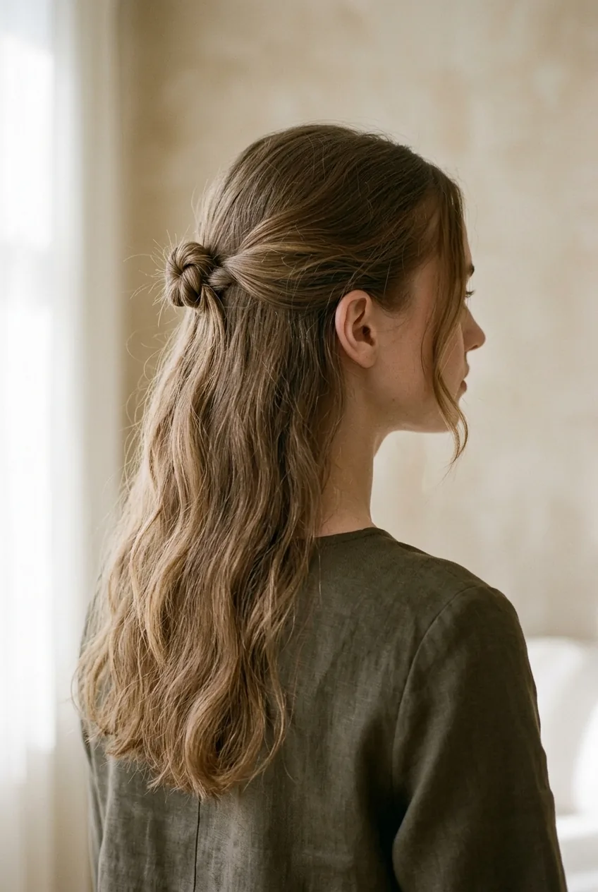 Minimalist half up hairstyle with delicate temple pieces pulled into subtle knot