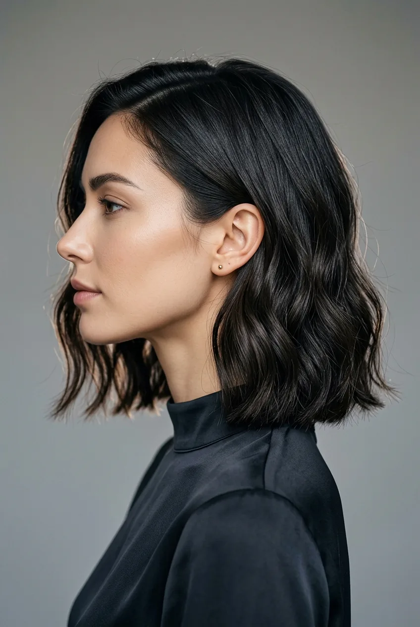 Woman with modern minimalist wavy lob displaying clean lines and structured waves