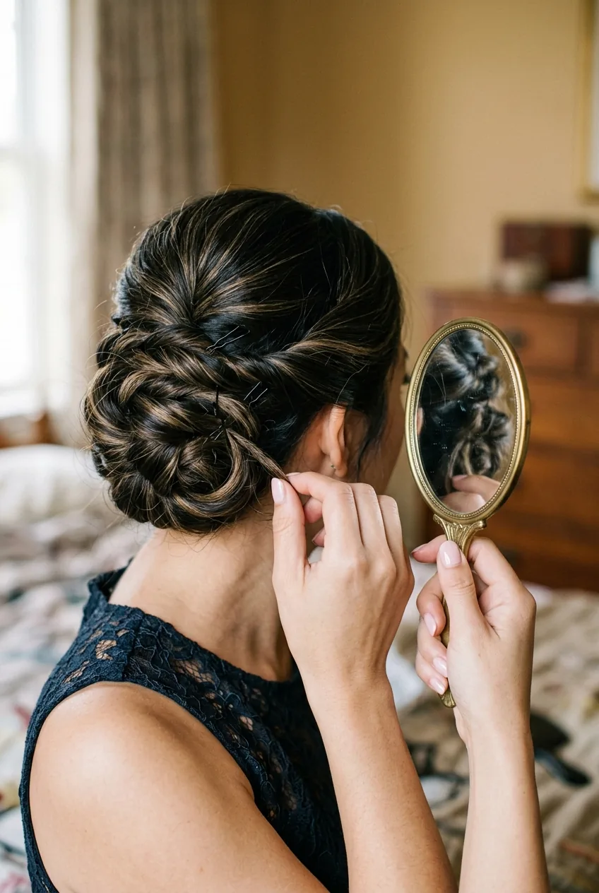 Hands using small mirror to check back of elegant updo during final styling touches