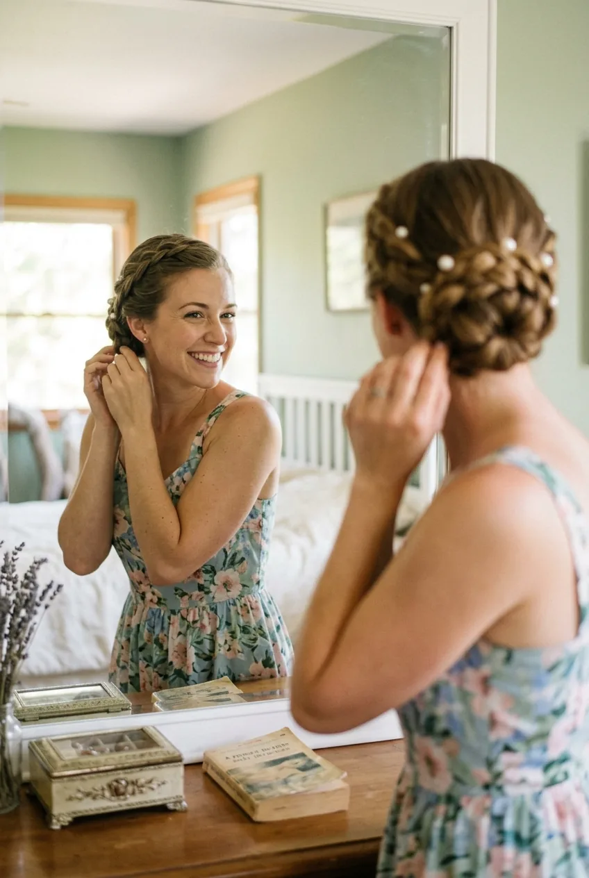 Woman's reflection in mirror showing completed DIY wedding guest updo with satisfied expression