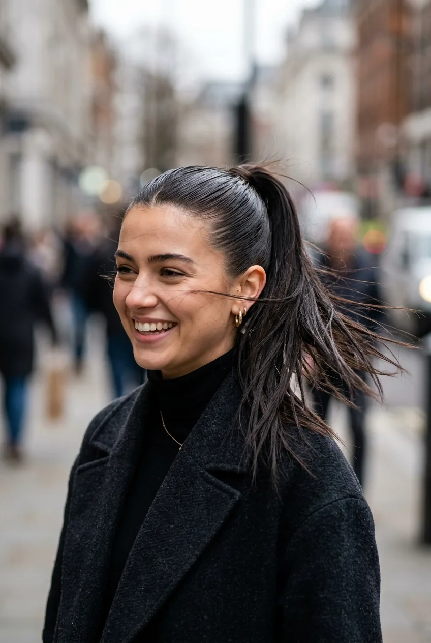 Woman with ultra-sleek glass hair ponytail pulled tight showing reflective finish