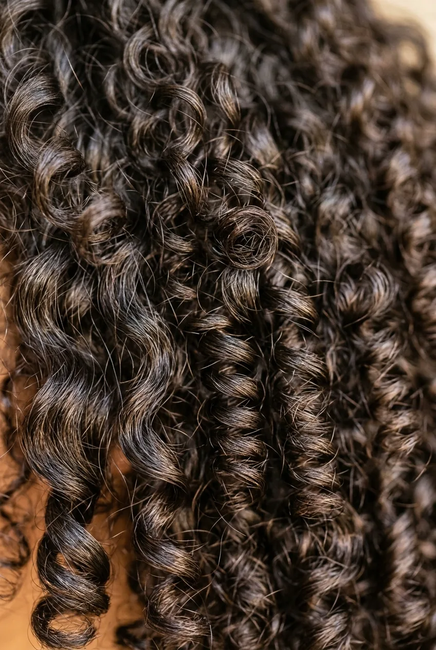 Mixed curl textures showing variation from loose waves to tight spirals in natural pattern