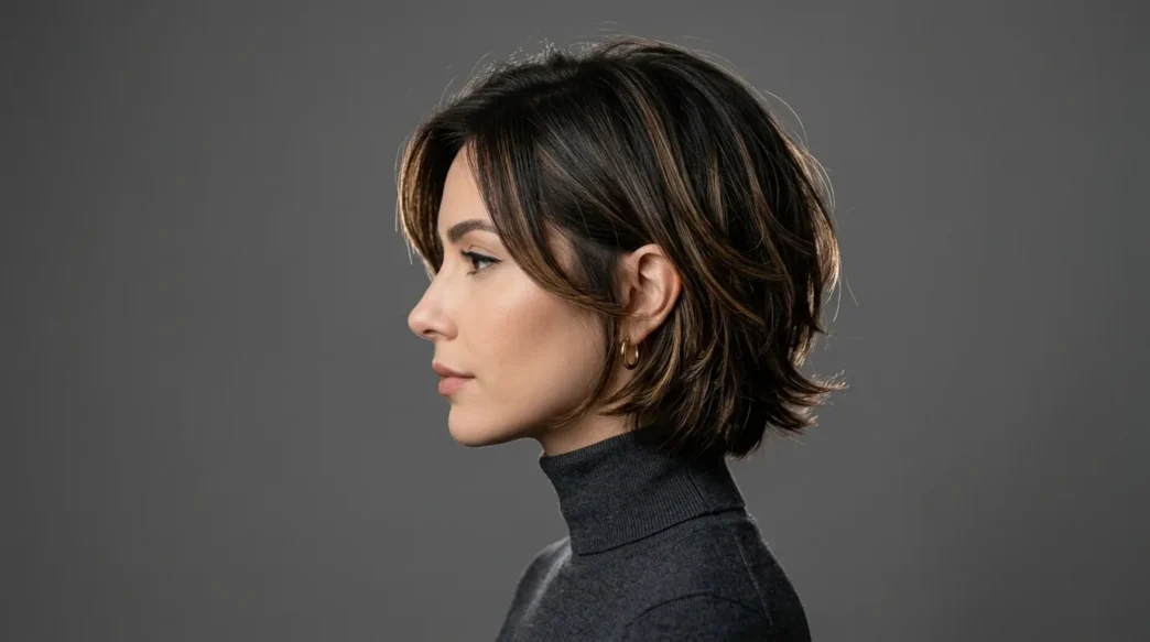 Woman with modern 90s layered bob hairstyle showing contemporary styling in professional studio lighting