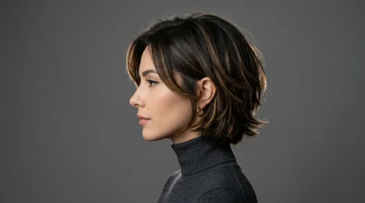 Woman with modern 90s layered bob hairstyle showing contemporary styling in professional studio lighting