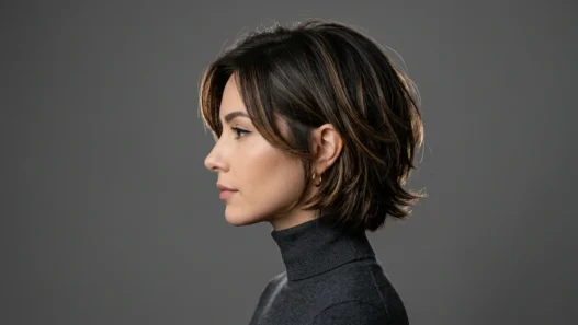 Woman with modern 90s layered bob hairstyle showing contemporary styling in professional studio lighting