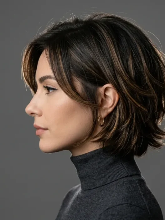 Woman with modern 90s layered bob hairstyle showing contemporary styling in professional studio lighting