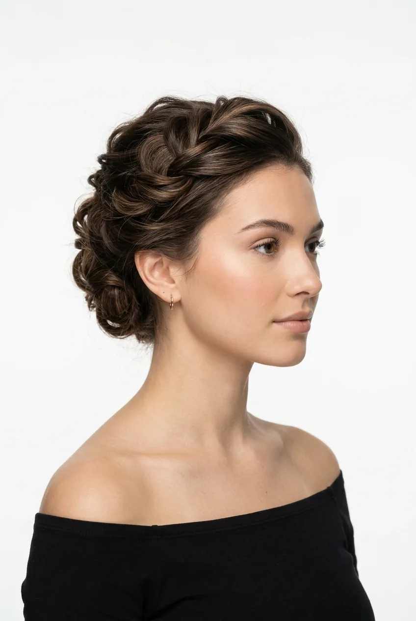 Woman with modern chic updo showing contemporary twisted styling and textured finish
