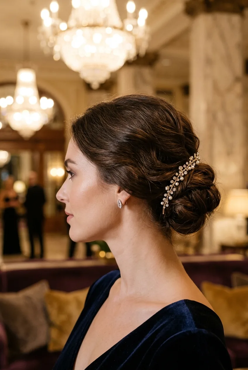 Modern chignon adorned with delicate sparkly accessory adding personality touch