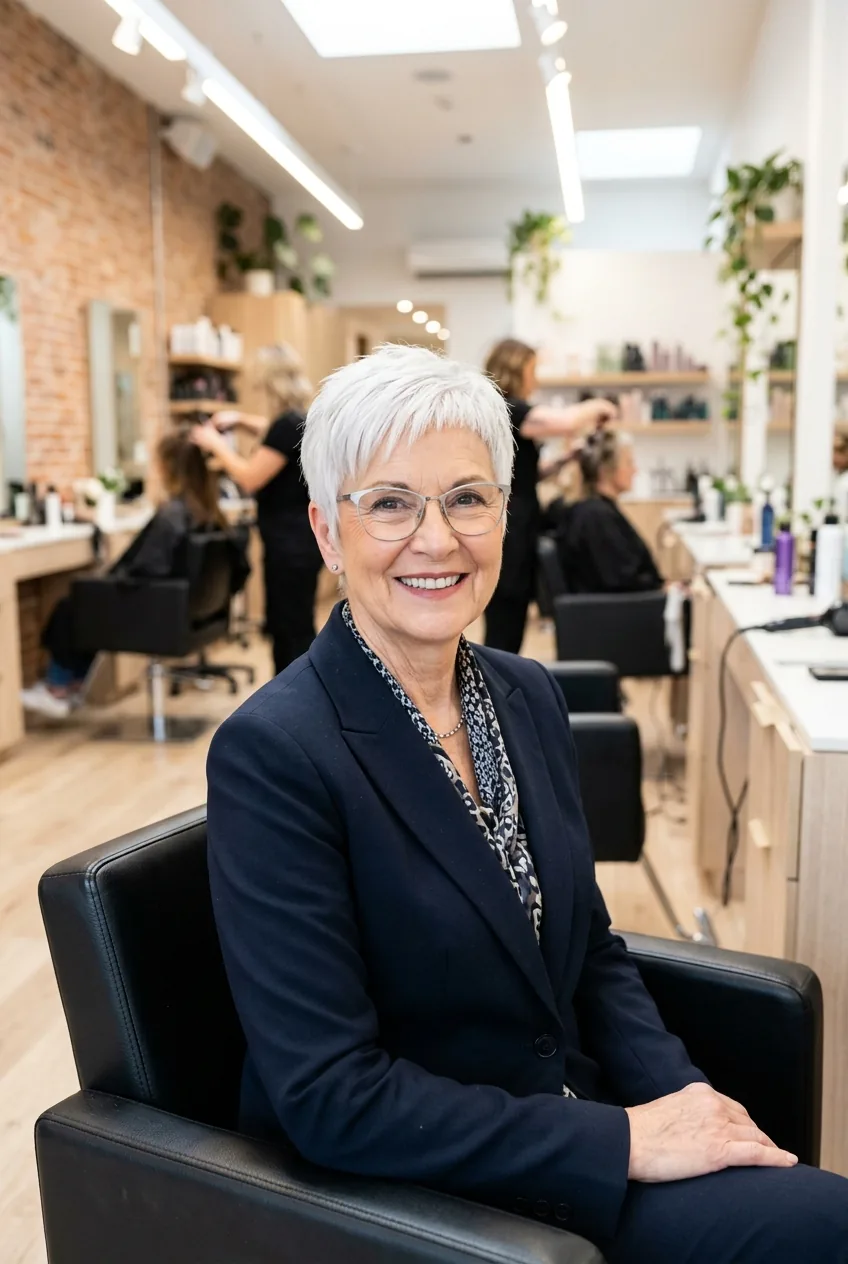 Modern crop haircut showing precise cutting lines and contemporary shape on older woman